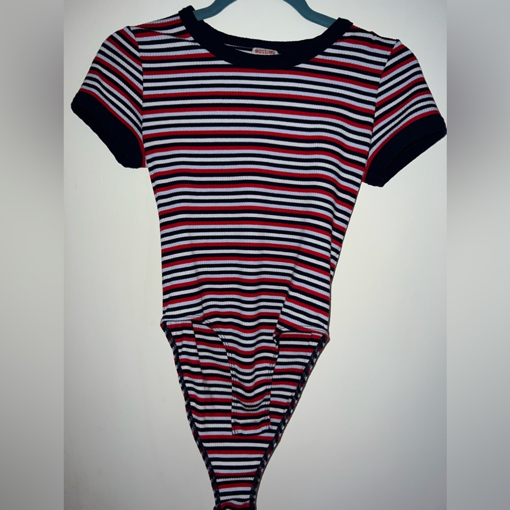 Small, red, white, navy blue, and baby blue striped body suit